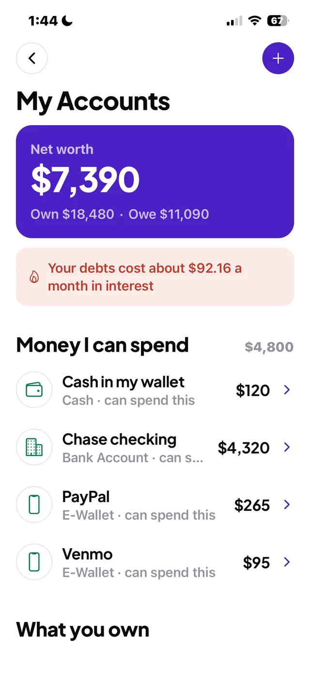 My Accounts — net worth, what you own and what you owe